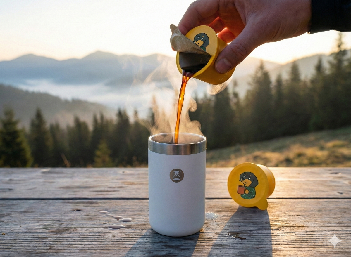 Makroaufnahme eines Coffee Cubes, der sich in Wasser schlierenartig wie ein Espresso-Shot auflöst