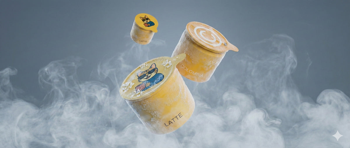 Makroaufnahme eines Coffee Cubes, der sich in Wasser schlierenartig wie ein Espresso-Shot auflöst